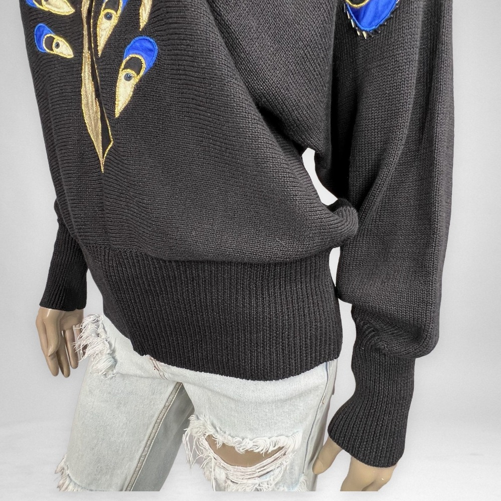 VTG 80s 90s Peacock‎ Embellished Knit Sweater Black L - Picture 6 of 7
